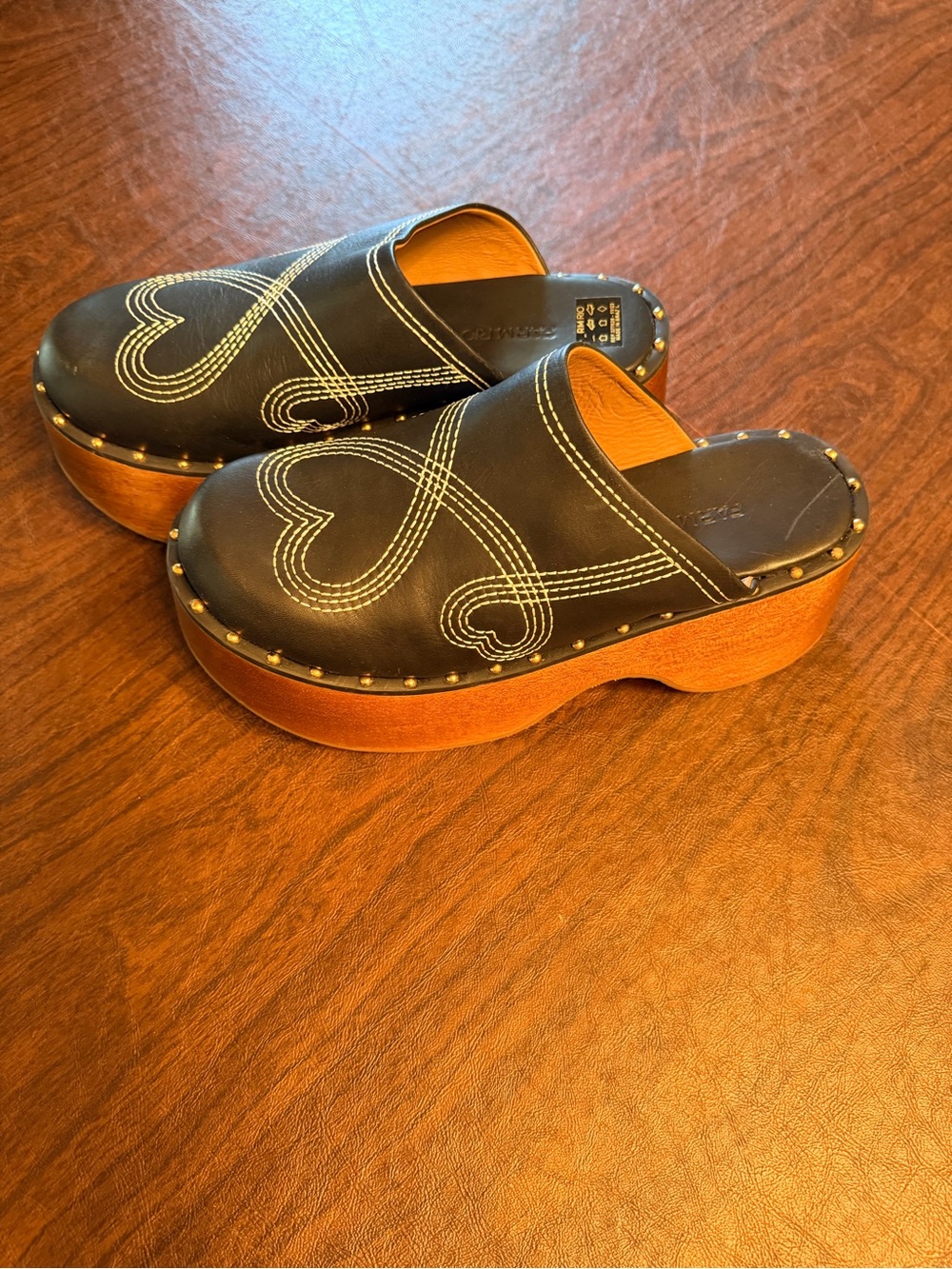 Black Leather Heart-Accent Clog with Wood Platform